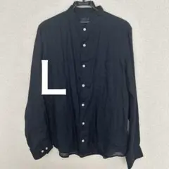 美品　無印良品　メンズ　リネン　シャツ　L 紺　ネイビー　スタンドカラー