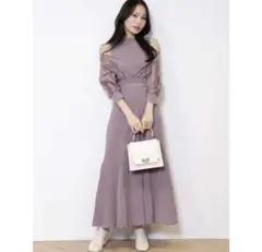 【マーキュリーデュオ】ロングスリーブ 異素材ドッキングフレア ニットワンピース