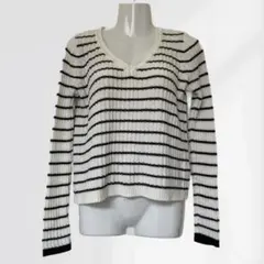 GU ボーダー　Vネックニット　ホワイト　ブラック　M