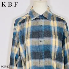 KBF チェックシャツ 麻混 ブルー オーバーサイズ ユニセックス 古着 大きい