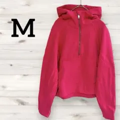 フード付き【M】ピンク ジップアップ パーカー サムホール付き 裏起毛