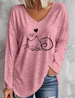 猫イラスト Vネック長袖Tシャツ ピンク2XLサイズ