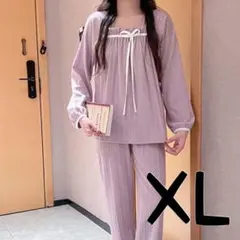 【1点限り】ルームウェア　リボン　パープル　紫　XL　ホワイト　白 パジャマ