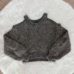 GYDA ブラウン オフショルダー 長袖 セーター シャギーニット トップス