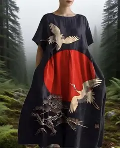 鶴柄×日の丸 和モダン ゆったり半袖ワンピース 3L