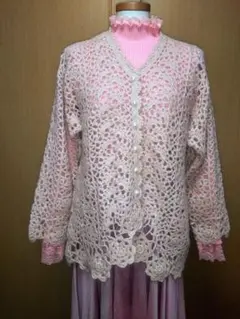 レース編みピンク長袖カーディガン