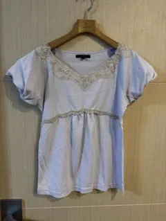 新品♡VIERGE 日本製ライトパープル 半袖Tシャツ 38レース ぽわん袖綿のサムネイル