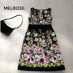 【美品】メルローズ ひざ丈ノースリーブワンピース 同布ベルト付花柄 麻 1点物