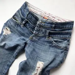 Y2K フレアデニム ダブルウエスト ダメージ グランジ 平成ギャル ダークコア