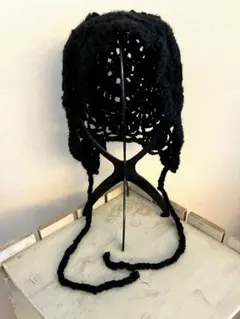 ハンドメイド　ボンネット　バラクラバ　紐付き　黒　y2k