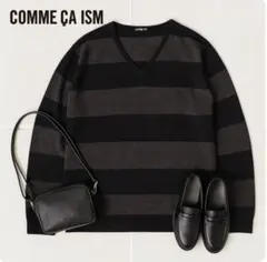 #J1393@ COMME CA ISM ボーダー柄Vネックニットセーター