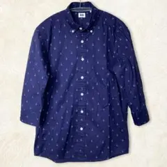 UNIQLO ユニクロ アンカー柄 ボタンダウン 七分袖 シャツ 紺 Sのサムネイル