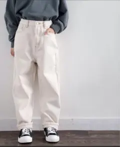 キッズ ゆったりハイウエスト 無地 ワイドストレートデニムパンツ（フルレングス）