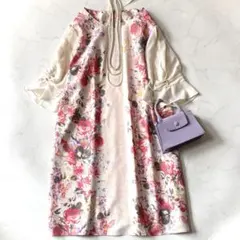 極美品 ローズティアラ 大きいサイズ46 洗える 花柄Aラインワンピース パール