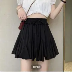 韓国風 ギャザー入り Aライン ミニプリーツスカート/ブラック/Mサイズ