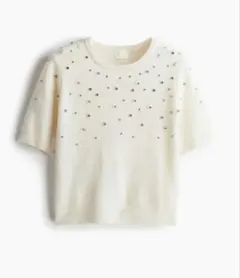 ※新品タグ付き※ H&M ホワイト半袖 ビジュー付きニット