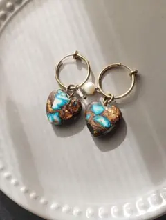 天然石ハート×淡水パール　イヤリング ピアス