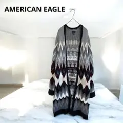AMERICAN EAGLE ロングニットカーディガン 幾何学模様 グレー L
