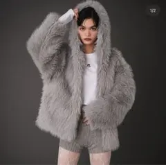 【美品】フード付きファーコート グレー