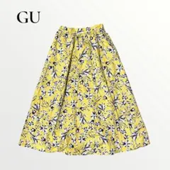 GU フラワープリントフレアロングスカート イエロー 花柄 Mサイズ 大人可愛い
