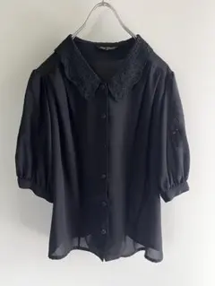 襟レース　花刺繍 シフォン　ブラウス　黒　ビンテージ　ヴィンテージ レトロのサムネイル