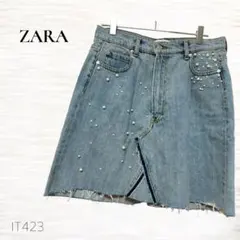 ZARA/デニムミニスカート/Ｍ/カットオフ/パール/ハイウエスト/ライトブルー