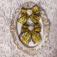 【ハンドメイド】サテンリボン ヘアクリップ 黄色×黒レース 量産型 地雷系