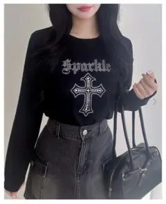 INGNI イング ラインストーン ロングTシャツ M 長袖トップス 黒