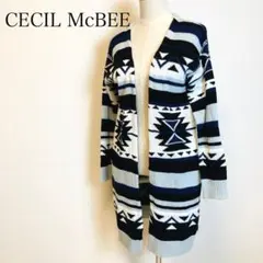 セシルマクビー　ロングニットカーディガン　幾何学模様　ボーダー　個性的オシャレ