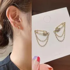 No.455 ゴールドチェーンクリップピアス 韓国 安全ピン上品 高見え