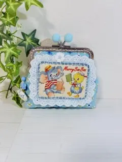 がま口ポーチ✩.*˚メリーボンボン薄水色✩.*˚パッチワーク✩.*˚ハンドメイド