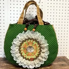 コヤンイサムチョン　丸型バッグ　巾着　グリーン　花柄　エコバッグ　カップホルダー