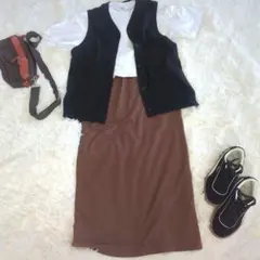 無印良品ベスト×白T×ブラウンスカート 3点 大人カジュアル M 春秋