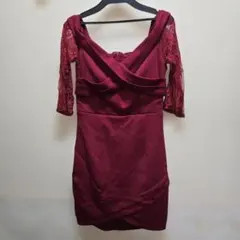 バーガンディ オフショルダー レースドレス S