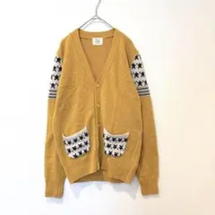 Vネックニット　カーディガン 総柄ポケット マスタード 黄色　M〜L相当　個性