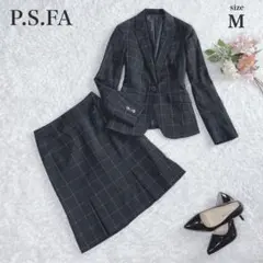 美品✨P.S.FA スカートスーツ ウール混 フレア プリーツ グレー チェック