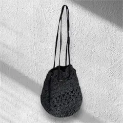 GLOBAL WORK 黒かぎ針編みショルダー バッグカゴバッグ 肩掛けバッグ