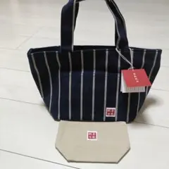 新品タグ付　倉敷帆布　ネイビー　ストライプ　トートバッグ、　ポーチ　ベージュのサムネイル