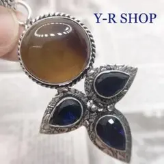 天然石★アゲートとサファイアのアンティーク調ペンダントトップ★レディース925