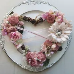 ハート　リース　ドライフラワー風　造花　ピンク　ハンドメイド