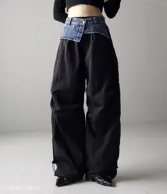 metem select デニムレイヤードタックワイドカーゴパンツ　黒◆A762