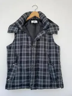 チェック柄 中綿ベスト フード付き ジップ&スナップ 防寒 秋冬