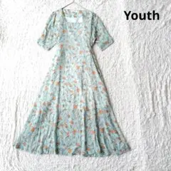 【Youth】花柄シフォンワンピース　ロング　スクエアネック　ミントグリーン