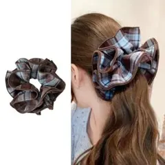 新品 チェック柄 シュシュ ヘアゴム ブラウン系 HT016