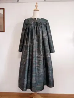 光沢大島紬着物リメイクfreeesizeギャザー切替ロングワンピースNo.472