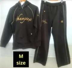 Champion フード付 ジャージ　上下セット　ブラック＆ゴールド　Mサイズ