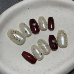 【現品・サイズ変更可能】ネイルチップ　リボン　ホワイト　ハート　ワンホン