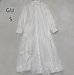 GU 白 長袖シャツワンピース ティアード ロング丈 S レディ―スi6922
