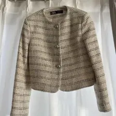 ZARA ノーカラージャケット ツイード風 XS アイボリー