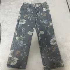 フラワープリント デニム ワイドレッグパンツ